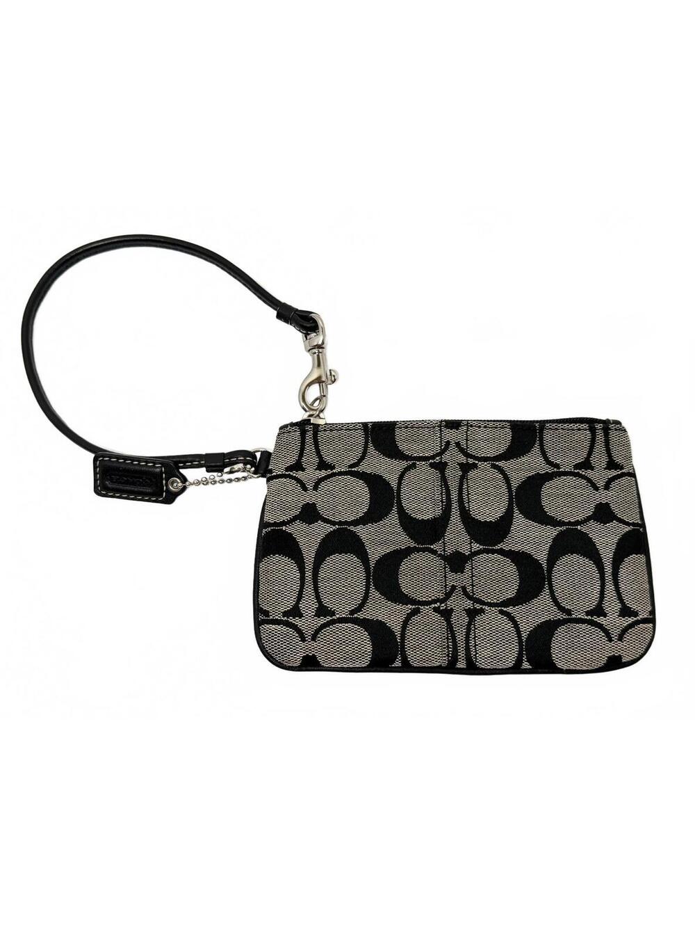 Vintage COACH Black Signature Jacquard Wristlet Small Pouch Bag Hangtag Clip Y2K